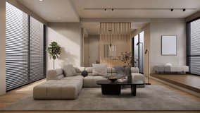 Modern style living condominium room interior design and decoration with white sofa set black coffee table, grey carpet, wooden floor, sunlight from window. 3d rendering 4K video. - Powered by Shutterstock - Get 15% off with code: PIKWIZARD15