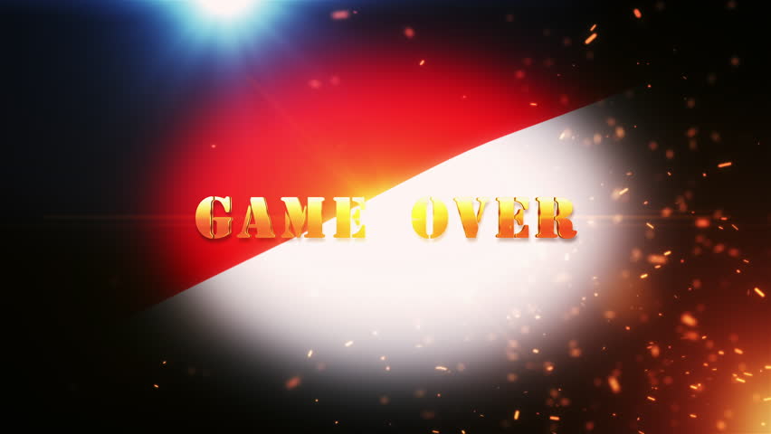Game Over gold text motion with fire burst and golden particles cinematic trailer title background with Indonesia flag background. | Shutterstock HD Video #1109362337