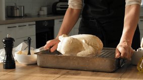 A woman is putting a stuffed turkey in the oven to roast for Thanksgiving or Christmas dinner. Cooking turkey or chicken stock video 4k - Powered by Shutterstock - Get 15% off with code: PIKWIZARD15