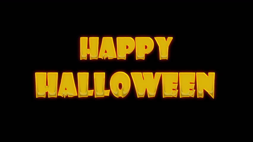 Happy Halloween orange lettering on black background. Animated Halloween banner. Alpha channel. 3D Illustration
