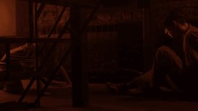 Woman vampire werewolf strangles guy by knocking him to floor in dark castle. - Powered by Shutterstock - Get 15% off with code: PIKWIZARD15