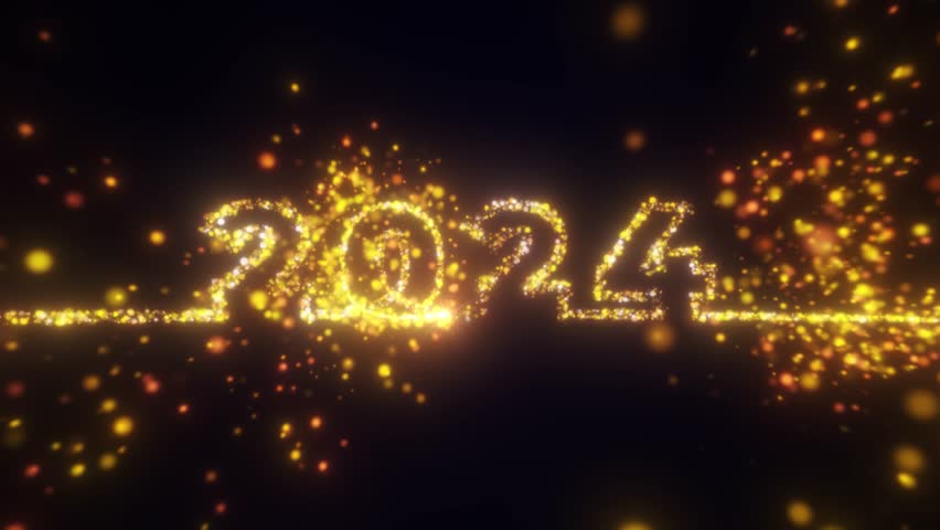 Particles illuminate digits 2024 years design glow. Abstract cosmic vibrant color backdrop. Glowing magic Congratulation Happy New Year 2023. Bright sequins and confetti style seamless loop footage | Shutterstock HD Video #1109372537