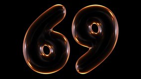 Seamless animation of glowing number 69 with light and reflections isolated on black background in 3d rendering.
