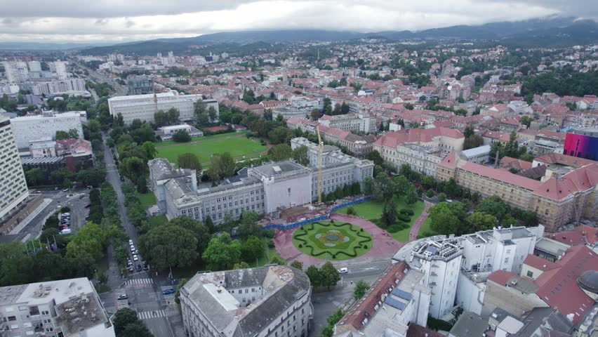 Aerial view of Mimara museum, Zagreb, Croatia. Stunning Roosevelt Square and cityscape.