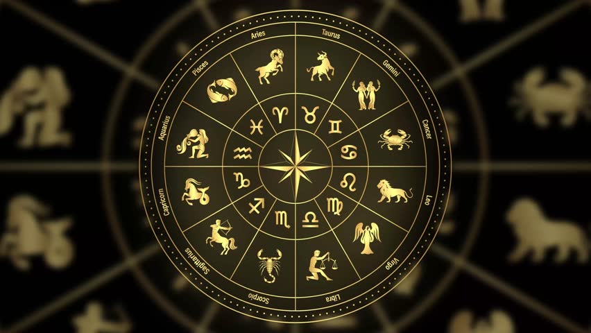 Astrological wheel and 12 zodiac signs astrology video. Horoscope wheel and horoscope sign motion graphics animation 4k video Royalty-Free Stock Footage #1109374275