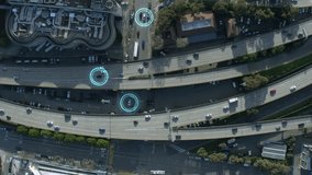 
Futuristic Intelligent Traffic Detection System. Concept of Smart Transportation.Aerial view of Self Driving Autonomous Cars with HUD-Elements on City Multi-Level Highway.  - Powered by Shutterstock - Get 15% off with code: PIKWIZARD15