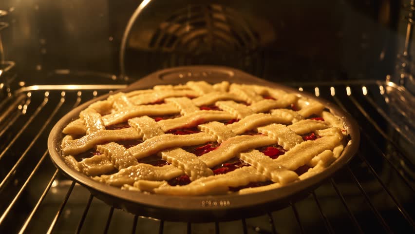 Tasty pie in oven. Timelapse of homemade pie baked. Baking concept. Delicious Apple Pie rising up in oven. Process of baking berry pie with apples baked in oven. 4K, UHD Royalty-Free Stock Footage #1109376519