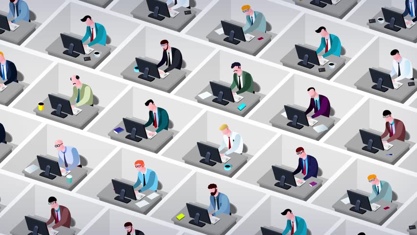 Business style cartoon office employees in cubicles different characters. Animated workers in a big office. They are working all day with no break. Seamles loop of busy society. Royalty-Free Stock Footage #1109377263