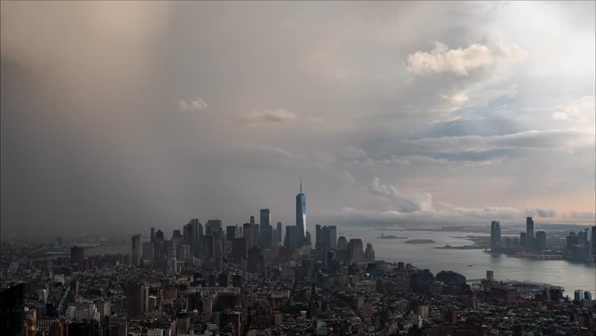 An unexpected sunset during storm hitting Lower Manhattan in New York City Royalty-Free Stock Footage #1109379005