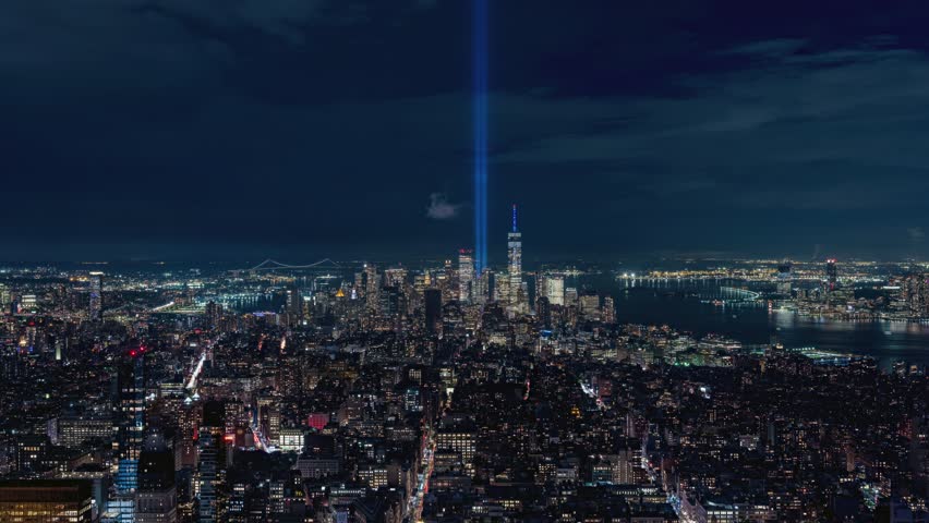 Wide angle view timelapse of Tribute in Light an annual 911memorial in lower Manhattan New York City Royalty-Free Stock Footage #1109379011