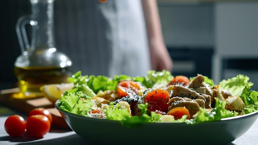 close up video of a woman squeezing a half cut lemon over Mediterranean ceasar salad with tomatoes, crisp Romaine lettuce and a homemade dressing. organic food. green salad dressed with lemon juice