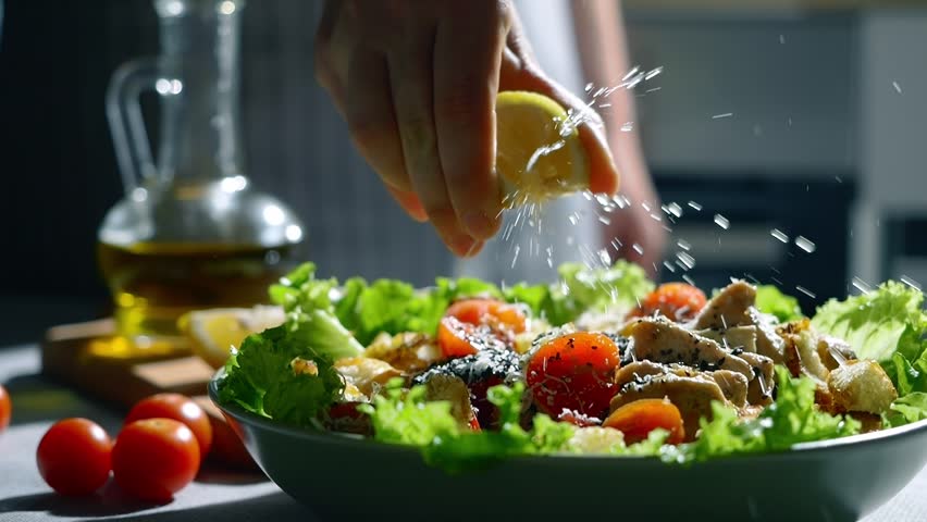 close up video of a woman squeezing a half cut lemon over Mediterranean ceasar salad with tomatoes, crisp Romaine lettuce and a homemade dressing. organic food. green salad dressed with lemon juice