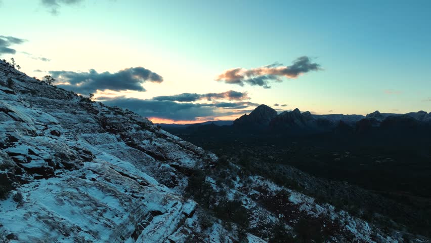 Snowy Hill Of Sandstone Mountains During Sunrise In Sedona, Arizona, USA.