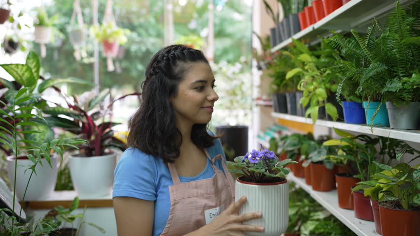 portrait young latin American smiling woman plant store employee working indoors Royalty-Free Stock Footage #1109381123