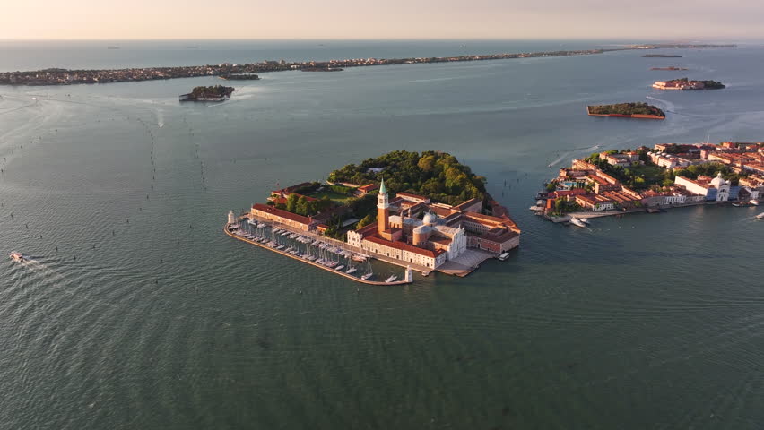 Aerial view of Church of San Giorgio Maggiore at sunrise, Venice, Italy
