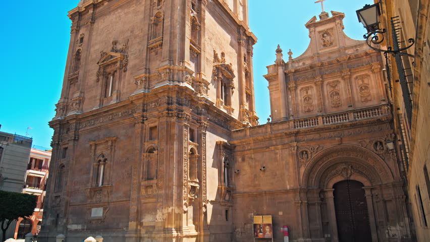 Catedral de Murcia Roman Catholic church with Baroque design and Gothic style. Beautiful Spanish Tower with a clock a famous tourist attraction in the University City of Murcia in Spain, Europe