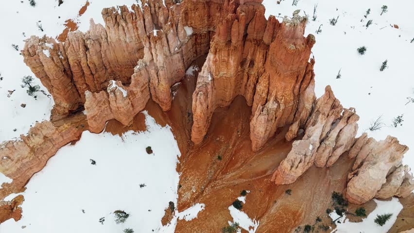 Aerial View Of Hoodoos Rock Formation In Bryce Canyon National Park During Winter In Utah.