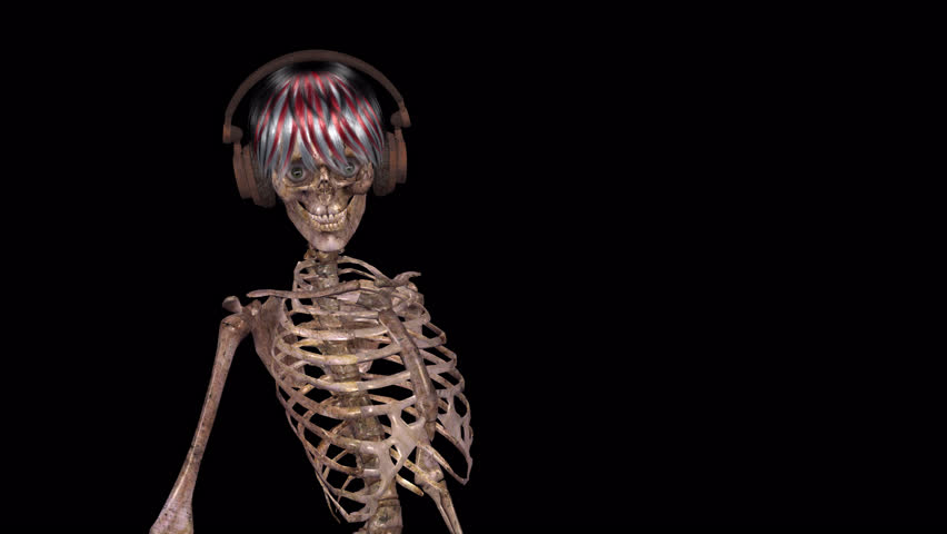 Pretty Dancing Female Skeleton In Rusty Headphones - Spooky Halloween 3D Animation with alpha channel isolated on transparent background