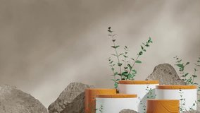 looping seamless shadow animation with green plants and brown rocks, 3d video rendering template mockup of white and wood cylinder podium

