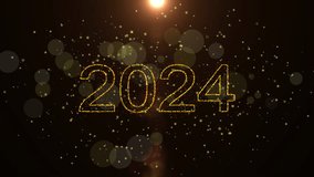 2024 new year golden glittering background for new year, shiny gold flare particles festive title happy new year animation