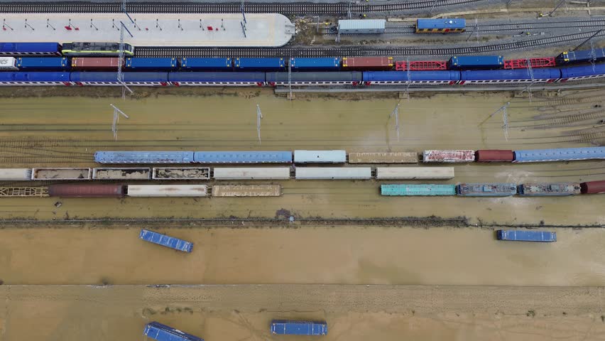 Aerial view of train damaged in flood