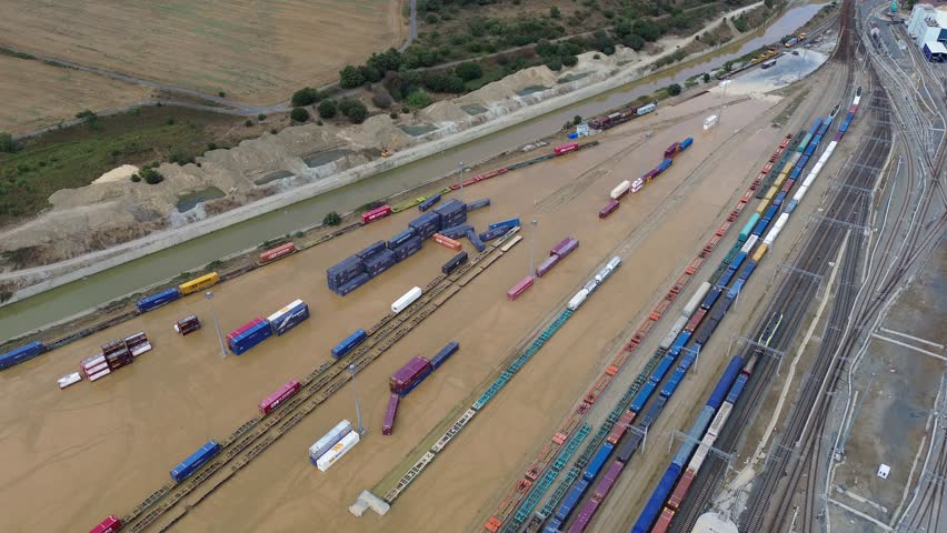 Aerial view of train damaged in flood