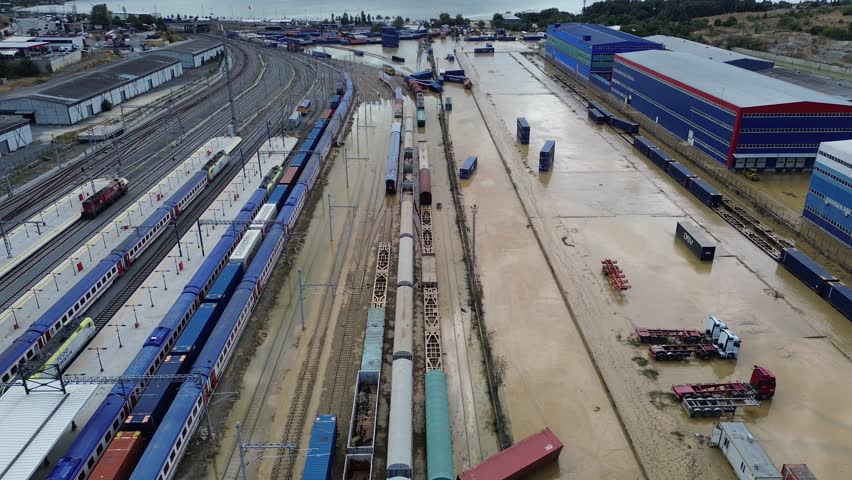 Aerial view of train damaged in flood