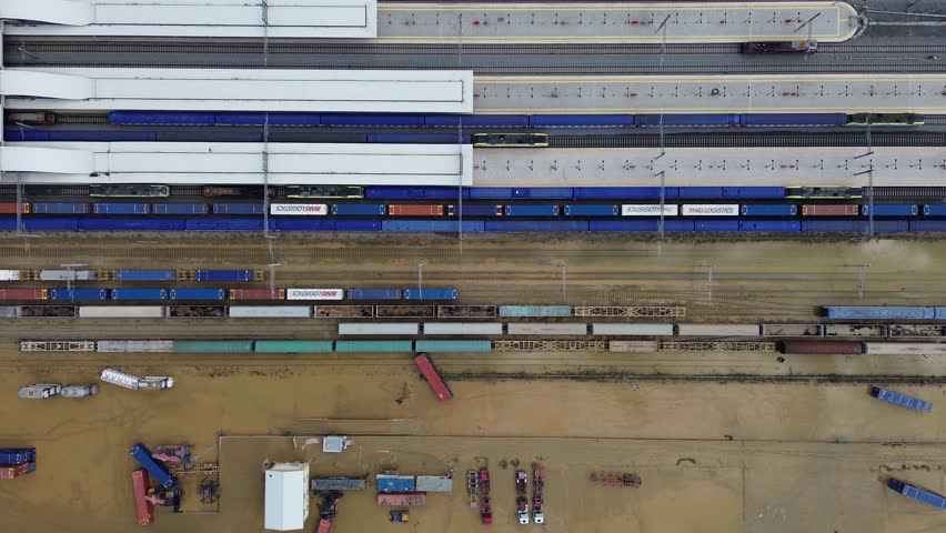 Aerial view of train damaged in flood