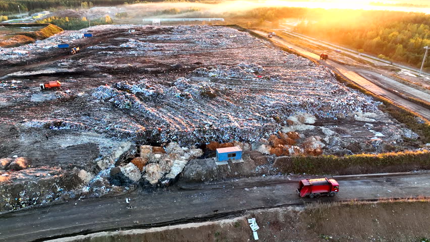 Garbage truck unloads rubbish. Landfill with solid household waste. Garbage dump with plastic and polyethylene. Solid waste disposal. Environmental pollution. Landfills Work with rubbish, garbage. | Shutterstock HD Video #1109399083