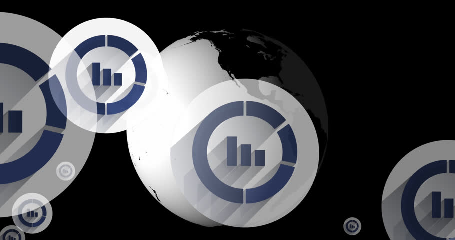 Animation of icons with statistics and data processing over globe. Global computing, digital interface and data processing concept digitally generated video. | Shutterstock HD Video #1109401633