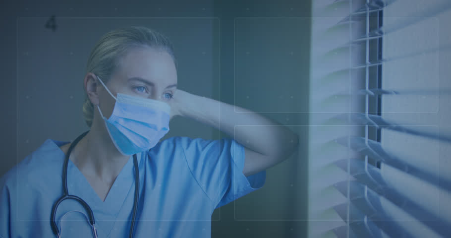 Animation of digital icons data processing over caucasian female doctor in face mask. Global medicine, computing, digital interface and data processing concept digitally generated video. | Shutterstock HD Video #1109401671