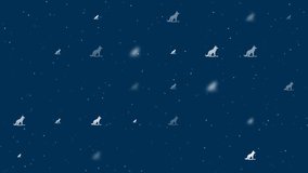 Template animation of evenly spaced wild wolf symbols of different sizes and opacity. Animation of transparency and size. Seamless looped 4k animation on dark blue background with stars