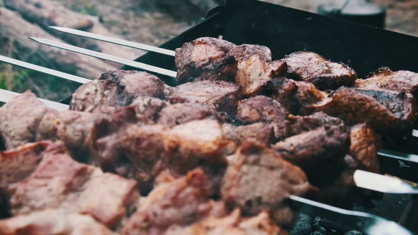 Shish kebabs on skewers are cooked on the grill in nature outdoors. Roasted juicy pork meat is fried on metal skewers on the BBQ, close-up. Barbecue on charcoal with smoke at a summer picnic. 4K Royalty-Free Stock Footage #1109402273