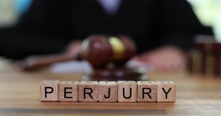 Word of perjury and judge and banging gavel on court table. Criminal liability for knowingly false testimony Royalty-Free Stock Footage #1109403339