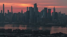 Establishing Aerial View Shot of New York City NY, NYC, United States, Hudson Yards, epic sunrise sunset, circling right, uptown, Manhattan