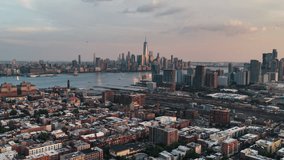 Establishing Aerial View Shot of New York City NY, NYC, United States, Manhattan Downtown, super light, circling left