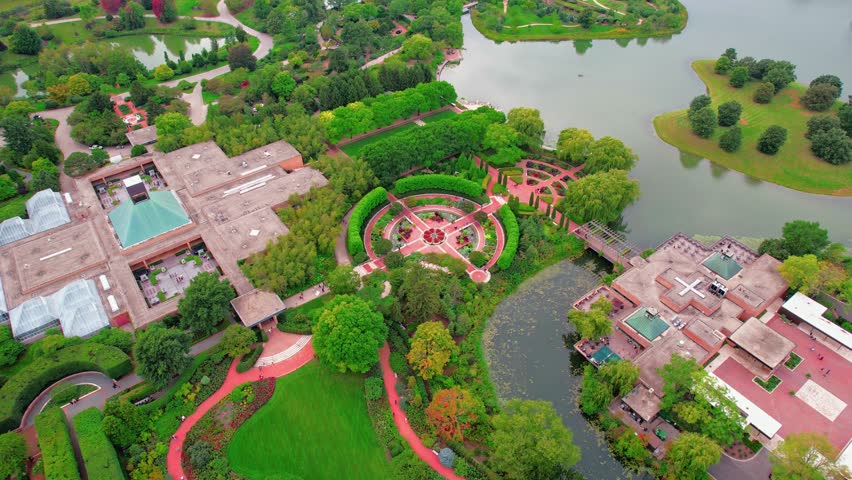 Chicago Botanic Garden beautiful aerial in the summer. In view: Heritage Garden, Crescent,