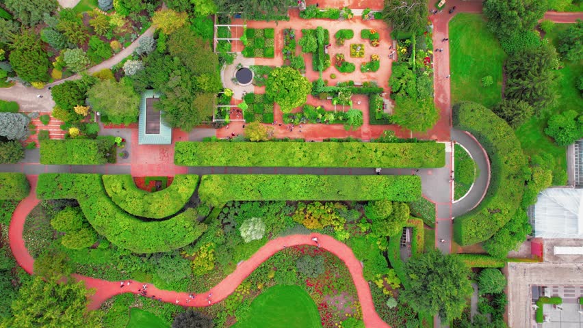 epic drone shot aerial of colorful Chicago Botanic Garden beautiful aerial in the summer.