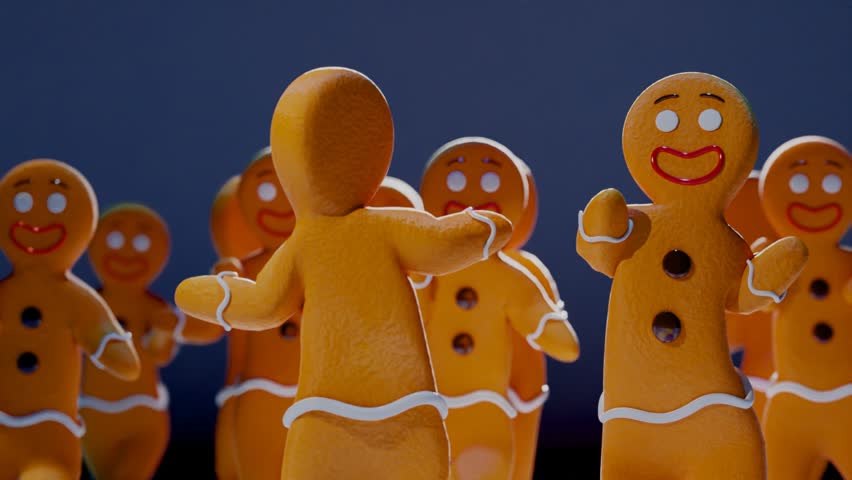 Happy gingerbread men are dancing at the New Year's night disco. The concept of the Christmas celebration. Seamless looping Animation for Christmas, New Year and holiday backgrounds Royalty-Free Stock Footage #1109410463