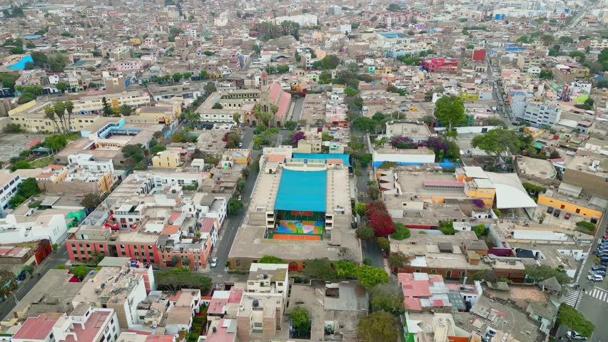 Aerial view of the city of Lima in Peru. Barranco and Miraflores region on a cloudy day with views of the old and colonial houses.