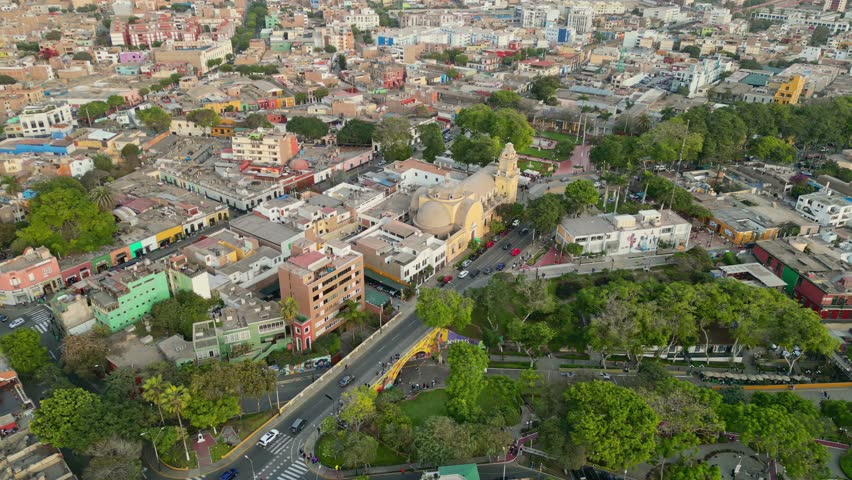 Aerial view of the city of Lima in Peru. Barranco and Miraflores region on a cloudy day with views of the old and colonial houses.