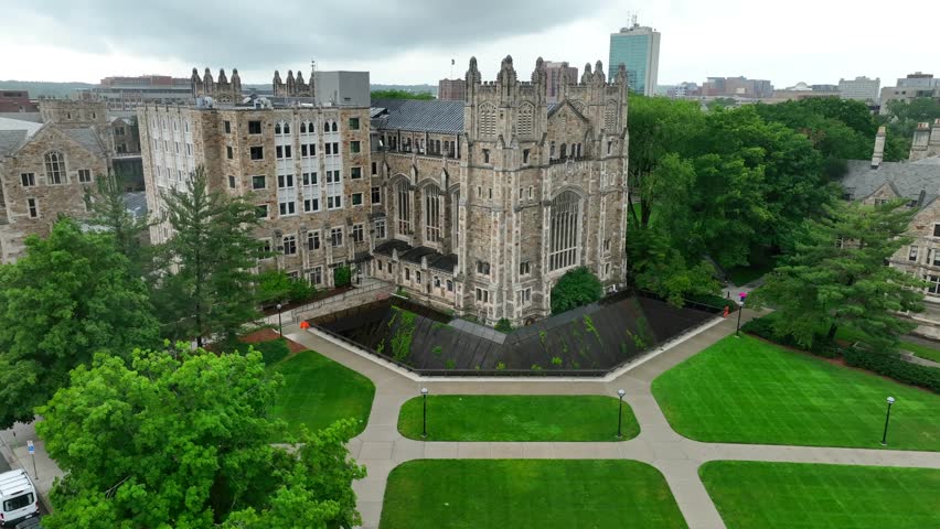 University of Michigan Law Library. Aerial establishing shot of gothic architecture on college campus. Michigan Law Quadrangle.