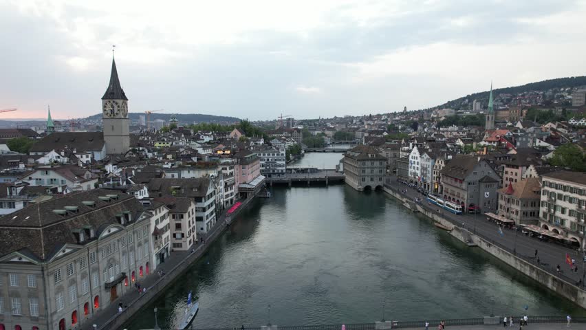 Traveling Shot over Limmat River in Zurich, Switzerland