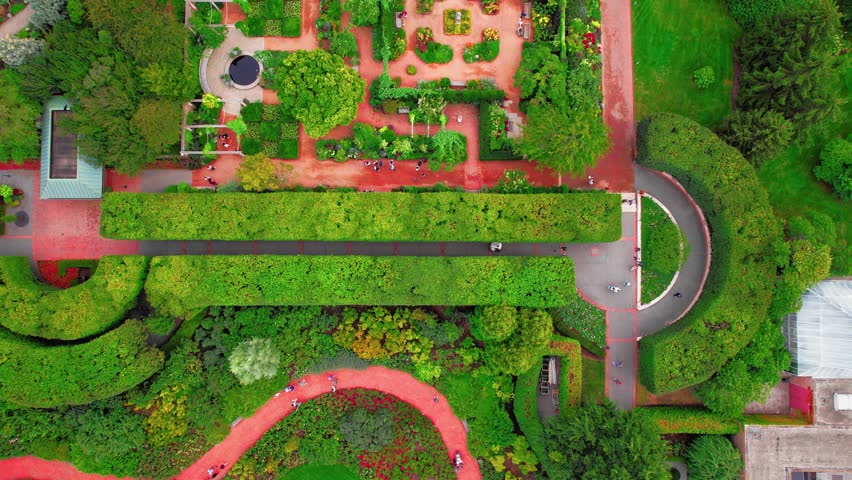 Bird-eye aerial over colorful Chicago Botanic Garden, horticultural oasis nestled in the heart of Glencoe, Illinois, just a short drive from the bustling city of Chicago. Plants and gardening concept.