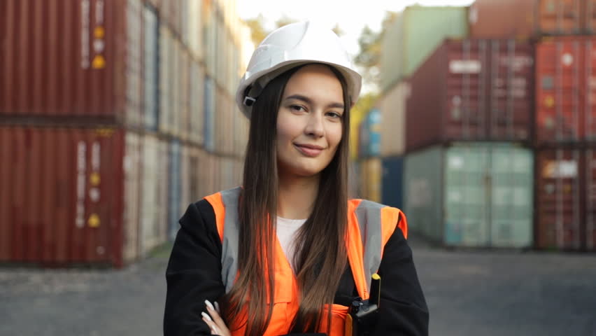Portrait of beautiful engineer woman with walkie-talkie in white helmet and vest working in container terminal port Royalty-Free Stock Footage #1109420089