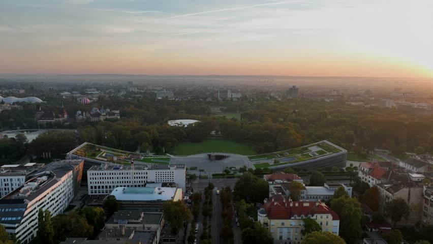 Hungary Budapest. Museum of Ethnography at City Park. Aerial view about the city park of Budapest at sunrise time Royalty-Free Stock Footage #1109424327