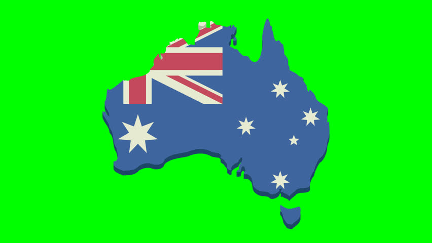 Animation of appearance and disappearance of the 3D map of Australia in the colors of australian flag on a blue background, green background, transparency and white background in flat design style