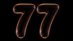 Seamless animation of glowing number 77 with light and reflections isolated on black background in 3d rendering.