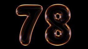 Seamless animation of glowing number 78 with light and reflections isolated on black background in 3d rendering.