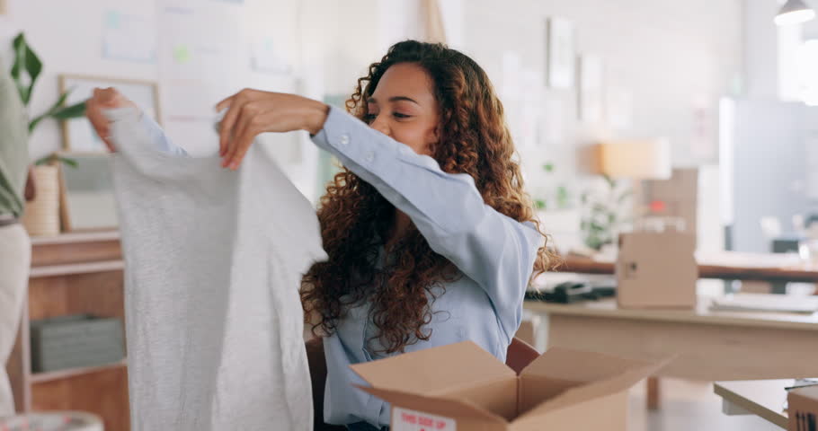 Woman, logistics and small business in fashion for delivery, service or ecommerce at home. Female clothing entrepreneur or business owner packaging items in box for shipment, courier or distribution Royalty-Free Stock Footage #1109430381